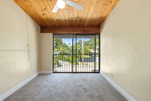 19460 NE 26th Ave Unit 12B, Miami, FL 33180 - spare room with wood ceiling with exposed beams, carpet flooring, ceiling fan, baseboards, and a textured wall