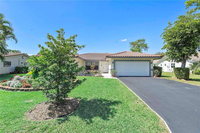 11186 NW 21st St, Coral Springs, FL 33071 - mediterranean / spanish home featuring asphalt driveway, stucco siding, an attached garage, a tiled roof, and a front lawn