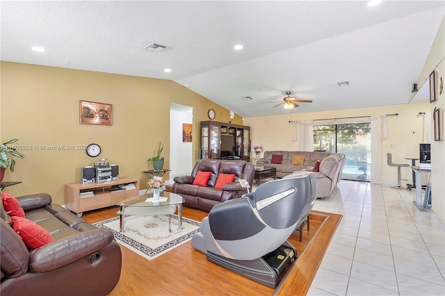 11186 NW 21st St, Coral Springs, FL 33071 - living room with vaulted ceiling, a ceiling fan, light tile patterned floors, and recessed lighting