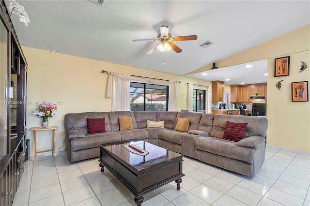 11186 NW 21st St, Coral Springs, FL 33071 - living area featuring lofted ceiling, a ceiling fan, light tile patterned flooring, recessed lighting, and baseboards