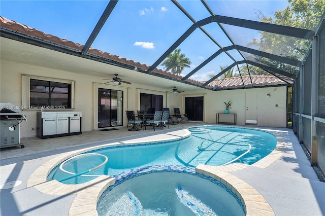 11186 NW 21st St, Coral Springs, FL 33071 - view of swimming pool with a pool with connected hot tub, ceiling fan, a patio area, and a lanai