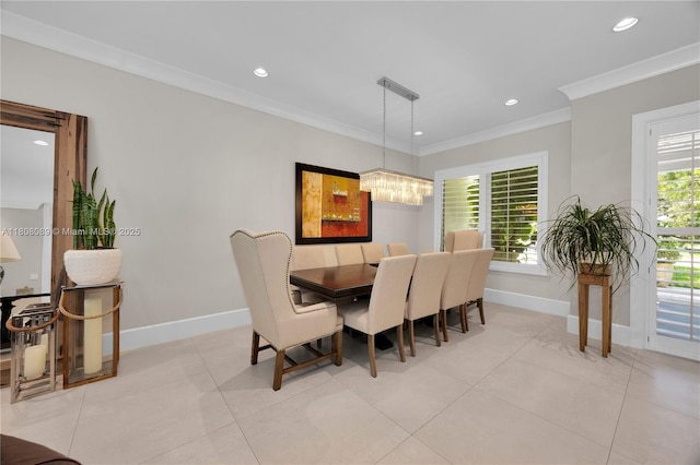 7495 SW 105th Ter, Pinecrest, FL 33156 - dining room featuring baseboards, crown molding, a chandelier, recessed lighting, and light tile patterned flooring