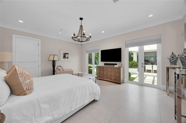 7495 SW 105th Ter, Pinecrest, FL 33156 - bedroom featuring french doors, access to outside, a chandelier, light tile patterned floors, and recessed lighting