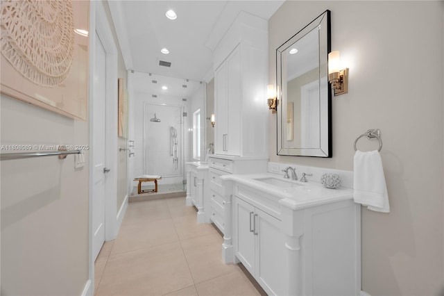 7495 SW 105th Ter, Pinecrest, FL 33156 - bathroom featuring a shower stall, vanity, tile patterned floors, and recessed lighting