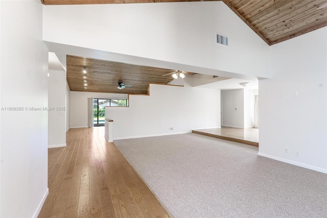 9919 SW 1st Ct, Coral Springs, FL 33071 - unfurnished living room with wooden ceiling, high vaulted ceiling, baseboards, a ceiling fan, and light wood-style floors