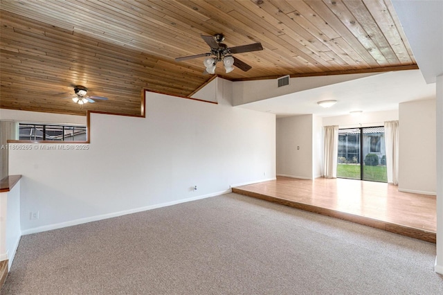 9919 SW 1st Ct, Coral Springs, FL 33071 - spare room featuring wood ceiling, lofted ceiling, ceiling fan, carpet flooring, and baseboards