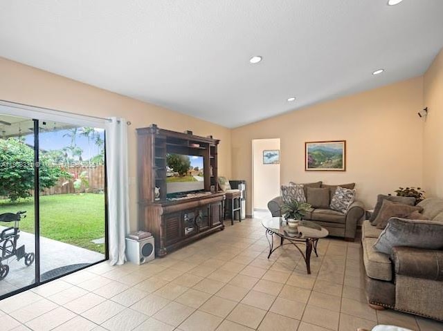 15824 Cotswold Ct, Davie, FL 33331 - living area with lofted ceiling, light tile patterned flooring, and recessed lighting