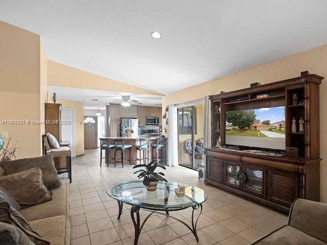 15824 Cotswold Ct, Davie, FL 33331 - living area with lofted ceiling, ceiling fan, light tile patterned floors, and recessed lighting