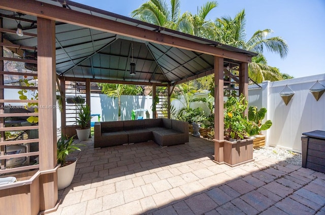 3427 W 89th Ter, Hialeah, FL 33018 - fenced backyard with a gazebo, a patio, stairs, and an outdoor hangout area