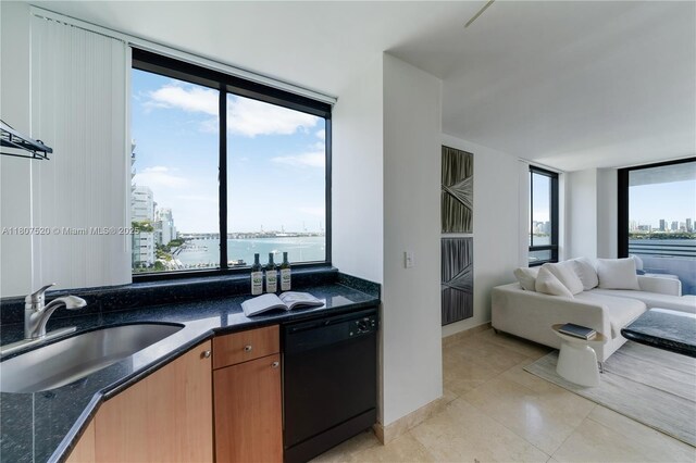 1330 W Ave Unit 902, Miami Beach, FL 33139 - kitchen featuring black dishwasher, a sink, a city view, and dark stone counters
