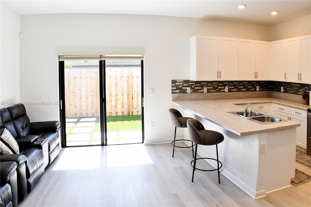 21068 NE 8th Ave, Miami, FL 33179 - kitchen featuring a sink, light wood finished floors, a kitchen bar, tasteful backsplash, and light countertops