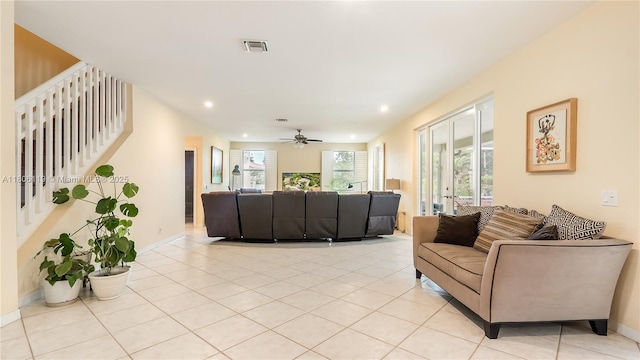 3945 Heron Ridge Ln, Weston, FL 33331 - living room with a ceiling fan, light tile patterned floors, stairs, recessed lighting, and baseboards