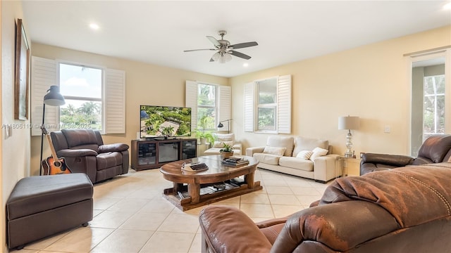 3945 Heron Ridge Ln, Weston, FL 33331 - living area featuring light tile patterned flooring, ceiling fan, and recessed lighting