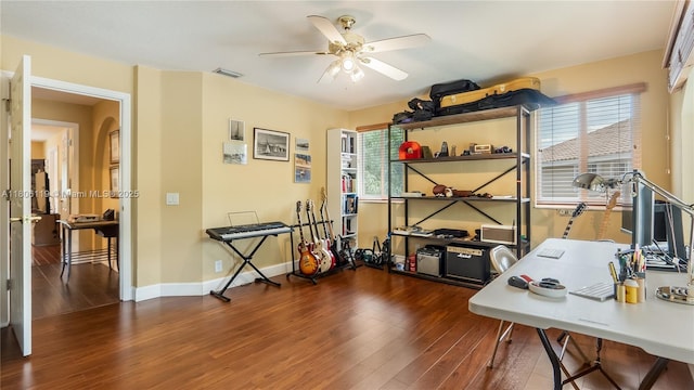 3945 Heron Ridge Ln, Weston, FL 33331 - home office with wood finished floors, a ceiling fan, healthy amount of natural light, and baseboards