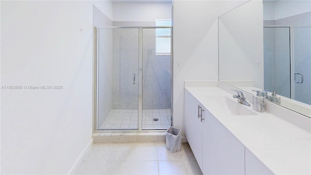 16233 SW 290th Ter, Homestead, FL 33033 - bathroom featuring vanity, a stall shower, tile patterned floors, and baseboards
