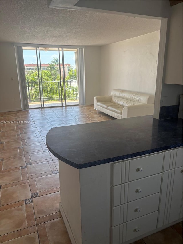 7850 Byron Ave Unit 403, Miami Beach, FL 33141 - kitchen with open floor plan, dark countertops, floor to ceiling windows, a textured ceiling, and white cabinets