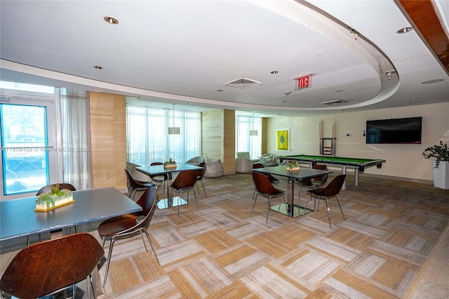 950 Brickell Bay Dr Unit 4007, Miami, FL 33131 - playroom with light colored carpet, baseboards, recessed lighting, and pool table