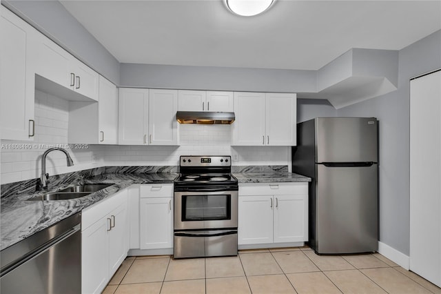 2288 SW 81st Ave Unit 2288, Miramar, FL 33025 - kitchen with appliances with stainless steel finishes, under cabinet range hood, a sink, backsplash, and white cabinetry