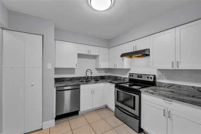 2288 SW 81st Ave Unit 2288, Miramar, FL 33025 - kitchen with stainless steel appliances, under cabinet range hood, a sink, dark stone counters, and backsplash