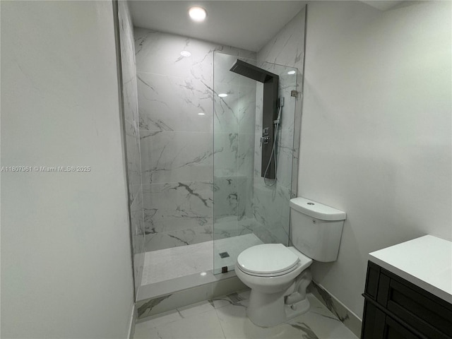 630 Layne Blvd Unit 211, Hallandale Beach, FL 33009 - bathroom with marble finish flooring, baseboards, toilet, a marble finish shower, and vanity