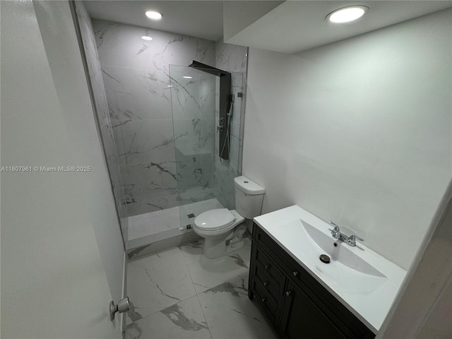 630 Layne Blvd Unit 211, Hallandale Beach, FL 33009 - full bath with a marble finish shower, marble look tile flooring, vanity, and recessed lighting
