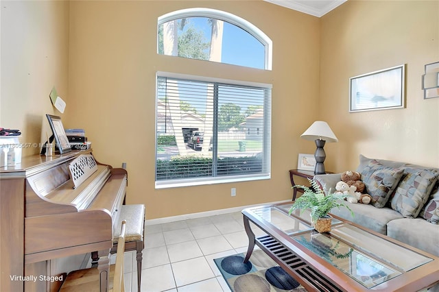 1874 NW 74th Way, Pembroke Pines, FL 33024 - living room featuring light tile patterned flooring, crown molding, baseboards, and a towering ceiling