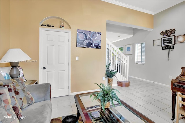1874 NW 74th Way, Pembroke Pines, FL 33024 - living room featuring tile patterned floors, crown molding, baseboards, and stairway