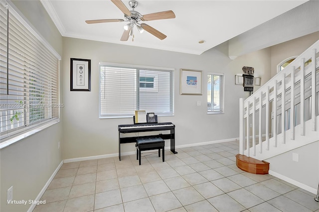 1874 NW 74th Way, Pembroke Pines, FL 33024 - entryway with healthy amount of natural light, ornamental molding, light tile patterned floors, a ceiling fan, and baseboards