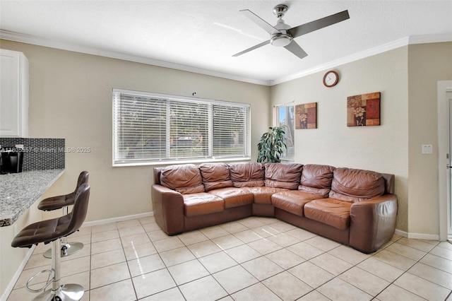 1874 NW 74th Way, Pembroke Pines, FL 33024 - living room with ceiling fan, crown molding, light tile patterned floors, and baseboards