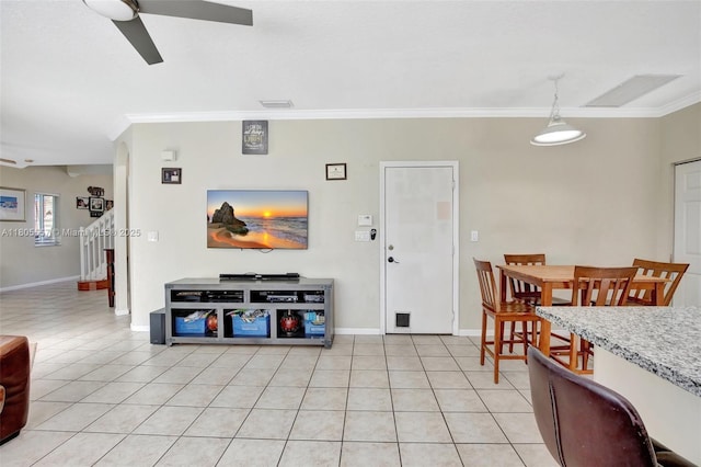 1874 NW 74th Way, Pembroke Pines, FL 33024 - living area with a ceiling fan, ornamental molding, baseboards, light tile patterned floors, and stairs