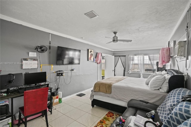 5390 SW 10th Ct, Margate, FL 33068 - tiled bedroom featuring a textured ceiling, an office area, a ceiling fan, baseboards, and ornamental molding
