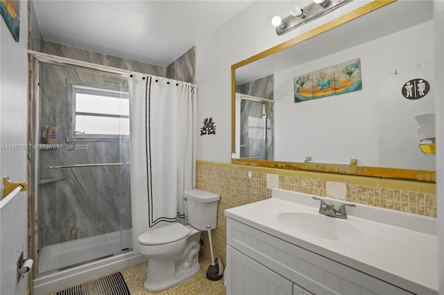5390 SW 10th Ct, Margate, FL 33068 - full bathroom featuring tile walls, a marble finish shower, vanity, toilet, and tile patterned floors