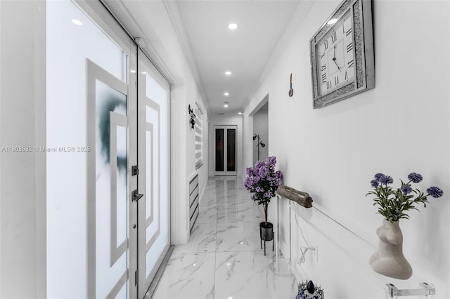 9304 SW 166th Ter, Palmetto Bay, FL 33157 - hall with light marble finish flooring, recessed lighting, and crown molding
