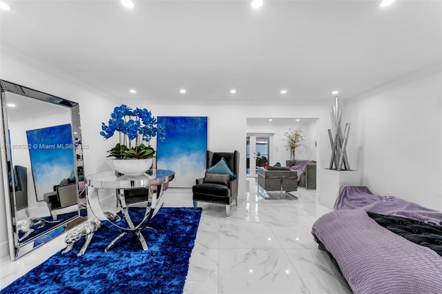 9304 SW 166th Ter, Palmetto Bay, FL 33157 - bedroom featuring marble tiled floors, ornamental molding, and recessed lighting
