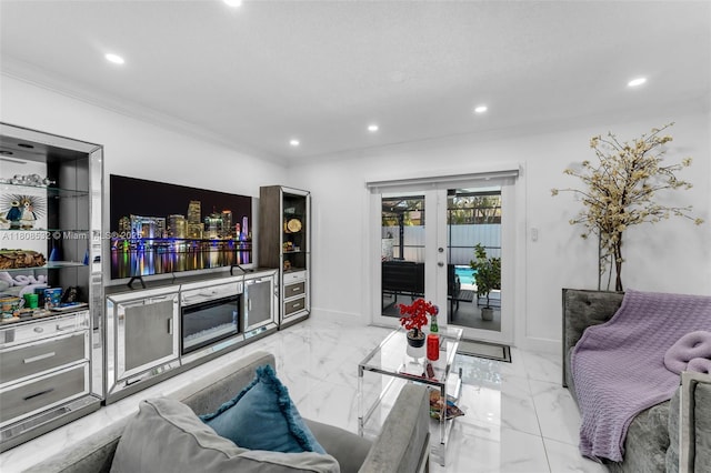 9304 SW 166th Ter, Palmetto Bay, FL 33157 - living area featuring french doors, light marble finish floors, recessed lighting, and crown molding