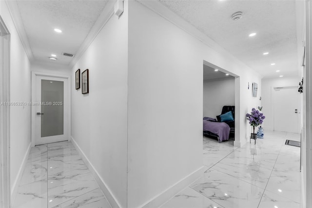 9304 SW 166th Ter, Palmetto Bay, FL 33157 - hall with crown molding, light marble finish floors, a textured ceiling, and recessed lighting