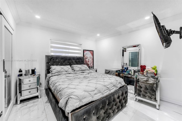 9304 SW 166th Ter, Palmetto Bay, FL 33157 - bedroom featuring ornamental molding, light marble finish flooring, and recessed lighting