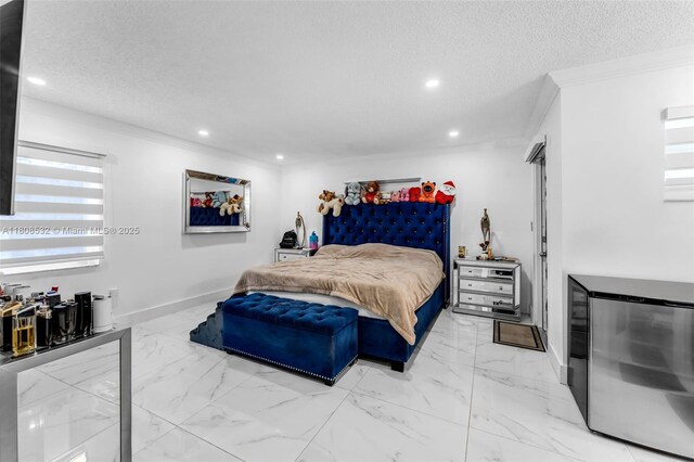 9304 SW 166th Ter, Palmetto Bay, FL 33157 - bedroom with ornamental molding, recessed lighting, a textured ceiling, marble look tile flooring, and refrigerator