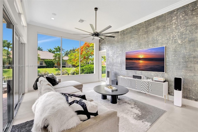 10881 Hawks Vista St, Plantation, FL 33324 - living area with ceiling fan and crown molding