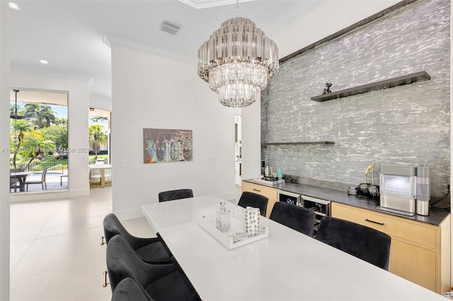 10881 Hawks Vista St, Plantation, FL 33324 - dining area featuring a chandelier, ornamental molding, and beverage cooler