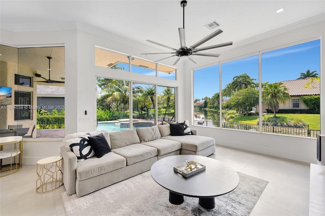 10881 Hawks Vista St, Plantation, FL 33324 - tiled living area with a ceiling fan and ornamental molding