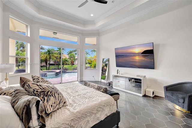 10881 Hawks Vista St, Plantation, FL 33324 - bedroom with access to outside, ornamental molding, baseboards, tile patterned floors, and recessed lighting