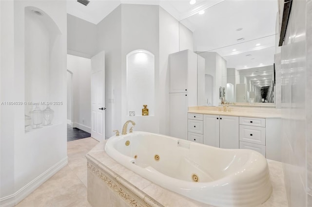 10881 Hawks Vista St, Plantation, FL 33324 - bathroom with baseboards, a jetted tub, vanity, recessed lighting, and tile patterned floors