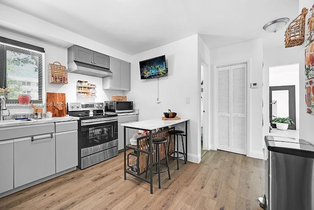 12400 NE 11th Ct, North Miami, FL 33161 - kitchen featuring appliances with stainless steel finishes, under cabinet range hood, gray cabinetry, light countertops, and light wood-style floors