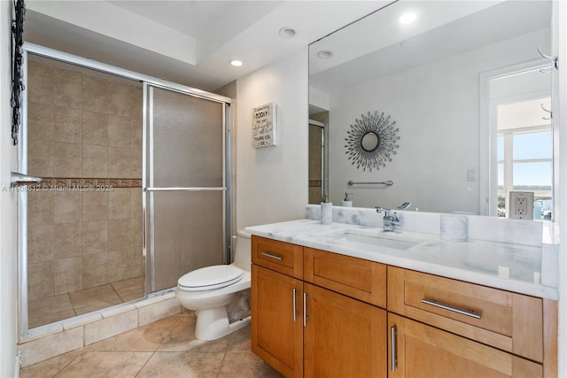 2841 N Ocean Blvd Unit 1105, Fort Lauderdale, FL 33308 - bathroom with vanity, a stall shower, toilet, recessed lighting, and tile patterned floors