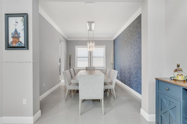 8575 Baypoint Cir, Parkland, FL 33076 - dining area featuring crown molding, a chandelier, wallpapered walls, and baseboards