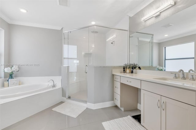 8575 Baypoint Cir, Parkland, FL 33076 - full bath featuring vanity, a garden tub, a stall shower, tile patterned floors, and crown molding