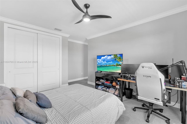 8575 Baypoint Cir, Parkland, FL 33076 - bedroom with carpet floors, crown molding, baseboards, ceiling fan, and a desk