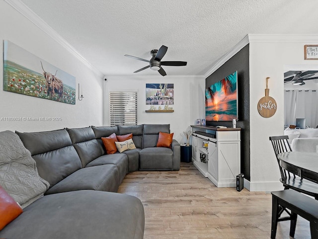12749 SW 71st Ter, Miami, FL 33183 - living room with ceiling fan, ornamental molding, light wood-style floors, a textured ceiling, and baseboards