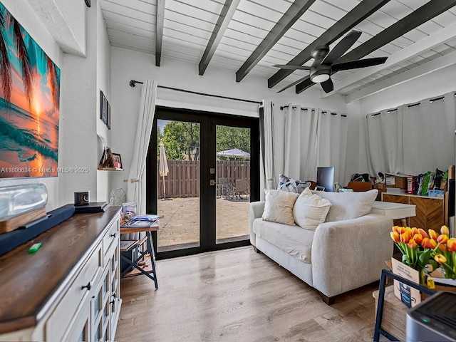 12749 SW 71st Ter, Miami, FL 33183 - living room with french doors, light wood-style floors, beamed ceiling, and a ceiling fan